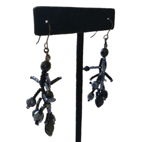 Faux Coral Bead Earrings Dangle Black Iridescent Bohemian Beach Nautical Beaded - Picture 7 of 16
